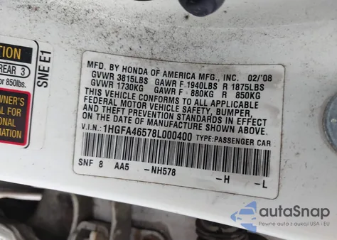 2008 Honda Civic Gx из США, поврежденный, VIN 1HGFA46578L000400